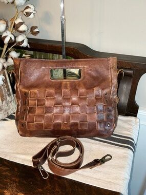 Bed Stu Orchid Woven Leather Handbag Crossbody Bag Teak Brown Retail $280